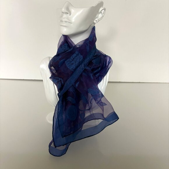 Sheer Blue Floral Scarf Chiffon Embroidered Rose Design Classic Vintage - Picture 2 of 5